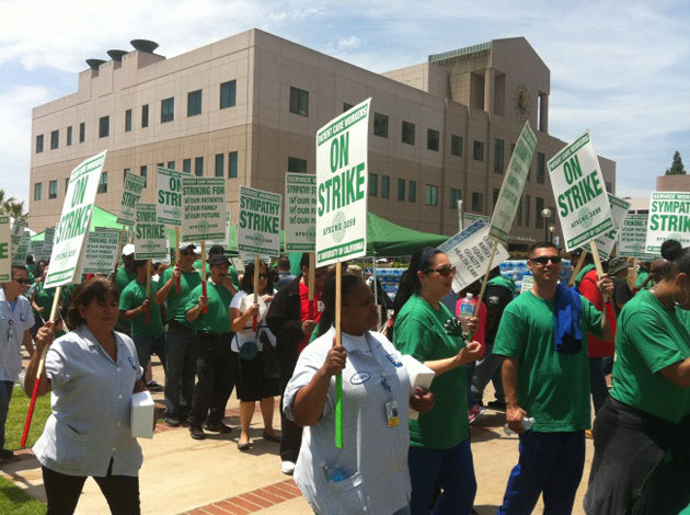 Corey Moore/KPCC Health workers protest outside of UCLA on May 21, 2013. The American Federation of State, County and Municipal Employees (AFSCME) union is battling management over staffing and pension issues at facilities in San Diego, Orange, Los Angeles, Santa Monica, San Francisco and Sacramento. 