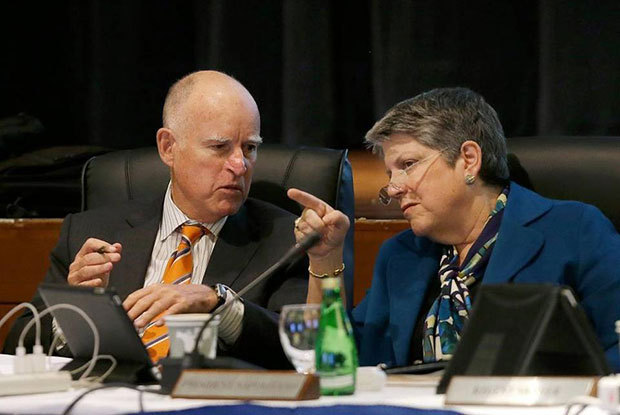 University of California President Janet Napolitano talks with Gov. Jerry Brown during a UC Board of Regents meeting earlier this year in San Francisco. The regents on Thursday approved a plan to increase enrollment next year. Jeff Chiu Associated Press file