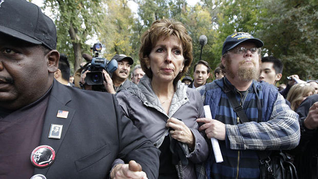 UC Davis Chancellor Linda Katehi leaves a campus rally on Nov. 21, 2011. (Paul Sakuma / Associated Press)