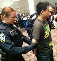 PHOTO CREDIT: Police arrest protesters at UC regents meeting in Sacramento. The Sacramento Bee/Hector Amezcua
