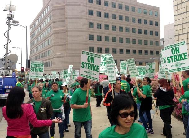 University of California patient care workers are on strike to demand from hospital executives that they put patients before profits. (Photo by Kevin Brown) 