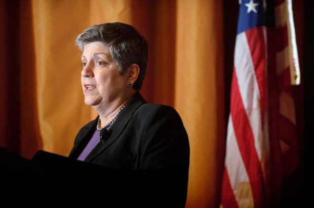 Noah Berger/ AP Janet Napolitano, president of the University of California, addresses a Commonwealth Club gathering on Wednesday in San Francisco. Napolitano, who formerly served as Homeland Security Secretary, took the reins of the 10-campus system in September.
