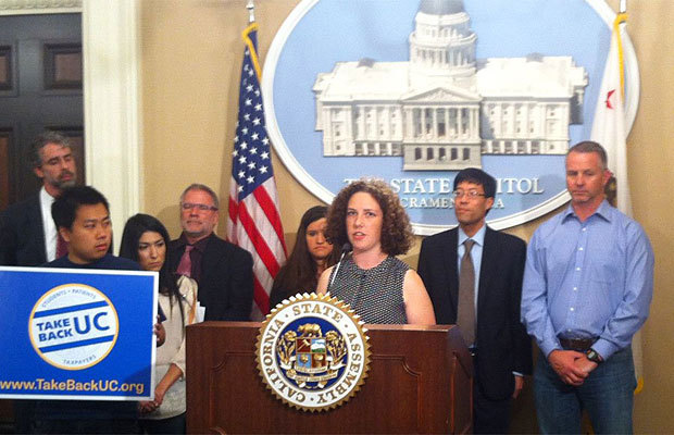 ASUC Senator Caitlin Quinn speaks at Take Back UC’s inaugural event, held in the Capitol in Sacramento. The campaign aims to address the state of the university. Photo: TAKEBACKUC.ORG/COURTESY