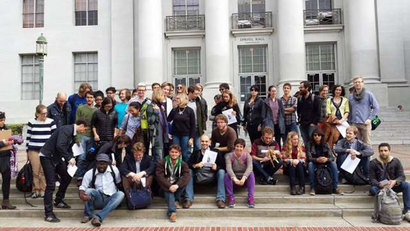 Student workers gather on the steps of Sproul Plaza at UC Berkeley. Credit: Susie Levy.