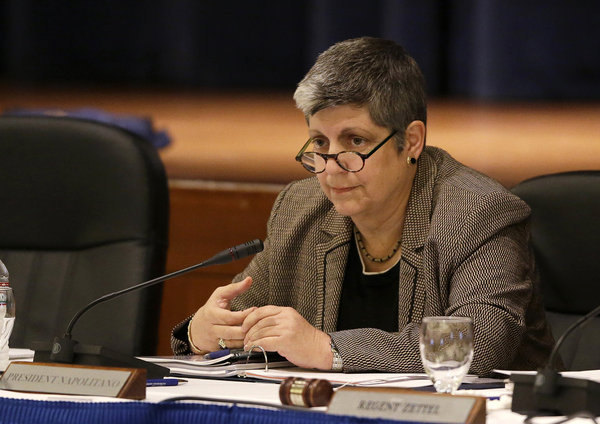 University of California President Janet Napolitano listens during a UC Regents meeting Tuesday, Nov. 12, 2013, in San Francisco. Napolitano attended her first regents meeting as the system's president. The board will be meeting from Tuesday afternoon through Thursday. Among the business on its agenda is a budget request for 2014-15 that is three times larger than what the state gave the university this year. (AP Photo/Eric Risberg)