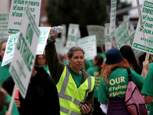 AFSCME 3299 President Kathryn Lybarger led a two-day strike at UC campuses and medical centers in May. The union and UC on Friday announced a contract settlement. (Francine Orr / Los Angeles Times / May 21, 2013)