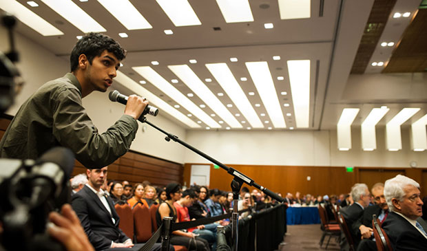 Mohsin Mirza, a UCSB third-year sociology major, speaks during t the public forum portion of the UC Regents meeting in the University of California, San Francisco Mission Bay campus. Kenneth Song/Daily Nexus