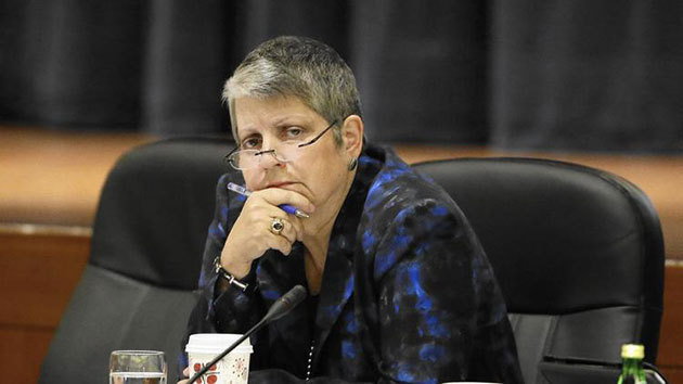 University of California President Janet Napolitano listens as student speakers denounce her plan to raise tuition during a meeting of the university Board of Regents on Wednesday in San Francisco. (Eric Risberg, Associated Press)