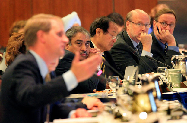 Chancellors, from left, Pradeep Khosla, San Diego, Henry T. Yang, Santa Barbara, Howard Gillman, Irvine, and Sam Hawgood, San Francisco, listen to Nathan Brostrom, Chief Financial Officer during the UC Regents meeting at the UCSF Mission Bay Conference Center in San Francisco, Calif. on Wednesday, Nov. 19, 2014. The UC Regents voted Wednesday on a five-year tuition-hike plan proposed by President Janet Napolitano that would raise tuition and fees by up to 5 percent a year through 2019-20.(Laura A. Oda/Bay Area News Group) ( Laura A. Oda )