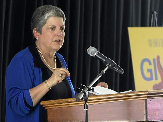 Newly appointed UC President Janet Napolitano speaks to students, faculty, and alumni at outside of the University House at UC Santa Cruz in October 2013 during her visit to the campus. (Kevin Johnson -- Santa Cruz Sentinel file) 
