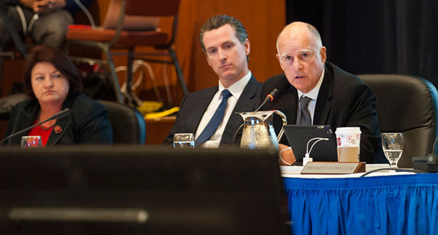 California Governor Jerry Brown, at right, and Lieutenant Governor Gavin Newsom, at left, discuss University of California 2015-2016 tuition plans at last November’s Regents meeting at UCSF. Kenneth Song/Daily Nexus