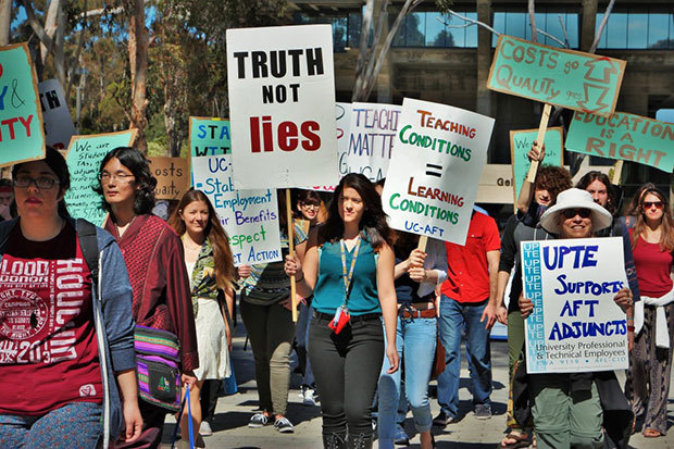 Students and faculty march on Library Walk during the Nationwide Adjunct Walkout and Day of Action to demand higher wages and better job security for part-time professors. Photo by Vivian Luong/ UCSD Guardian.