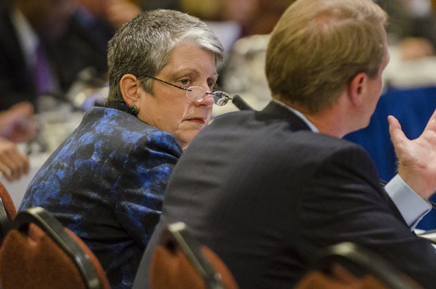 A hot mic caught UC President Janet Napolitano calling a student strip protest "crap" at the Board of Regents meeting this month. After news of her gaffe began to spread, Napolitano apologized to students, saying that she "was caught on the mic with a word that was unfortunate." (Daniel Alcazar/Daily Bruin) 