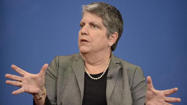 UC President Janet Napolitano, shown in 2014, announced Wednesday that the minimum wage for several thousand workers on University of California campuses will be raised to $15 an hour over the next three years. (Michael Reynolds / EPA)