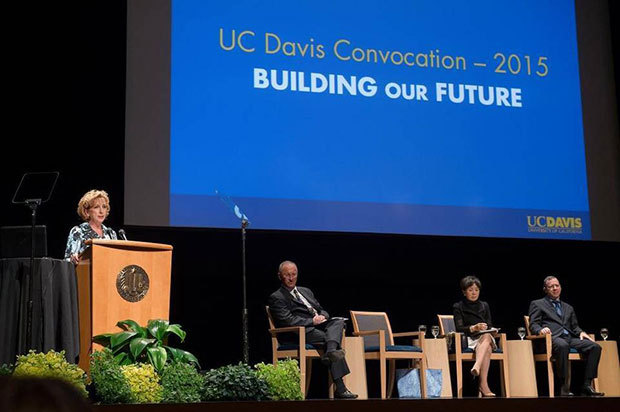 UC Davis Chancellor Linda P.B. Katehi speaks during the UC Davis Convocation event at the Mondavi Center at UC Davis on Tuesday, Sept. 22, 2015. UC Davis Chancellor Linda P.B. Katehi presided at this ceremonial start to the new year, a welcoming forum for students, faculty and staff, community members and other UC Davis friends. This year’s topic: “Building Our Future” - making sure UC Davis is always at the forefront in addressing the needs of society, at home, around the nation and around the world. Katehi is joined on the speakers program by Rep. Doris Matsui of Sacramento, Harris Lewin, vice chancellor, Office of Research, Andre Knoesen, chair, Academic Senate, and Michael Lairmore, dean, School of Veterinary Medicine. Randall Benton rbenton@sacbee.com