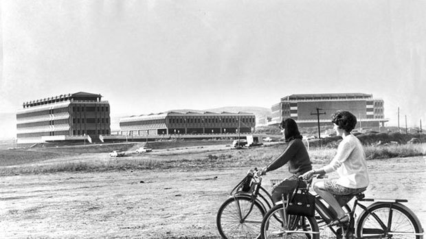 UC Irvine students ride their bikes before opening day classes on Oct. 4, 1965. The university’s total enrollment at the time was 1,567. (Los Angeles Times)