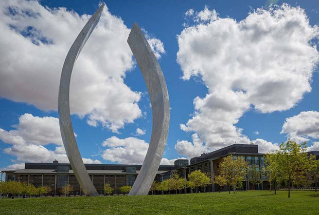 The campus sculpture titled “Beginnings” stands on the campus of UC Merced. Veronica Adrover