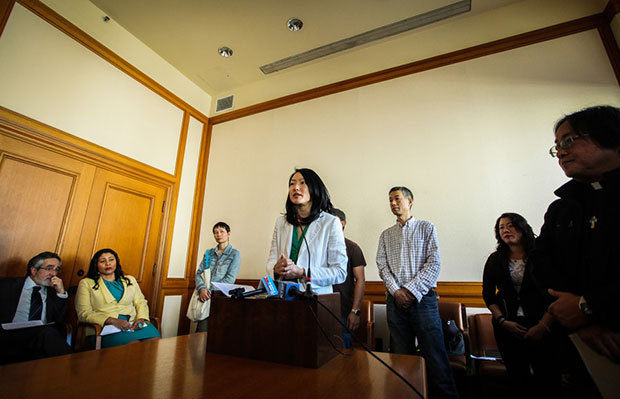 Supervisor Jane Kim speaks in support of the Chinese-American hospital workers at UC San Francisco, who were reportedly fired after organizing for higher wages, during a news conference on Tuesday at City Hall. (Ekevara Kitpowsong/Special to S.F. Examiner)