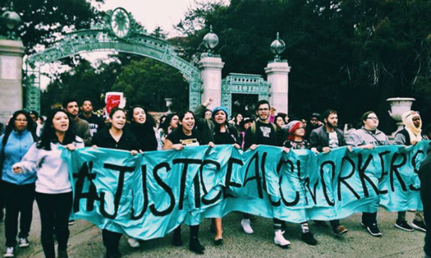 Hundreds of students march at UC Berkeley in solidarity with campus workers fighting for direct University employment and the wages, benefits, and job security that come with it. Photo by Jonatan Garibay.