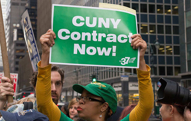  Students and faculty members from the City University of New York along with members from local labor unions rally opposite New York State Governor Andrew Cuomo’s office in Manhattan on March 10, 2016. (Albin Lohr-Jones / Sipa via AP Images)